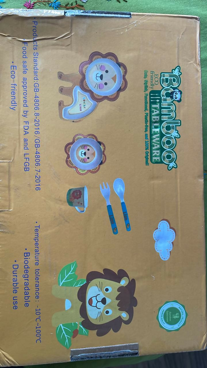 5 Pcs Cartoon Theme Bamboo Fiber Baby Feeding Set Tableware/Baby Crockery Dining Set/Feeding Set for Kids (Lion) Kids Plates