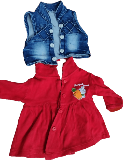 Red dress with a blue denim jacket on a white background