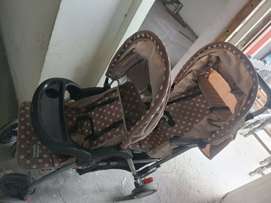 BABYHUG Twinster Easy Foldable Twin Stroller/Pram - Coffee Brown