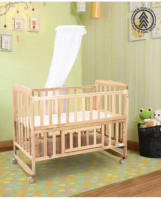 BABYHUG Montana Wooden Cot/Crib cum Rocker & BABYHUG High Density Soft Foam Baby Mattress, Dimensions: L107*W60*H85 cm