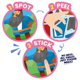 Three cartoon stickers showing a character, a peel action, and the completed sticker with text 'No mess. All smiles.