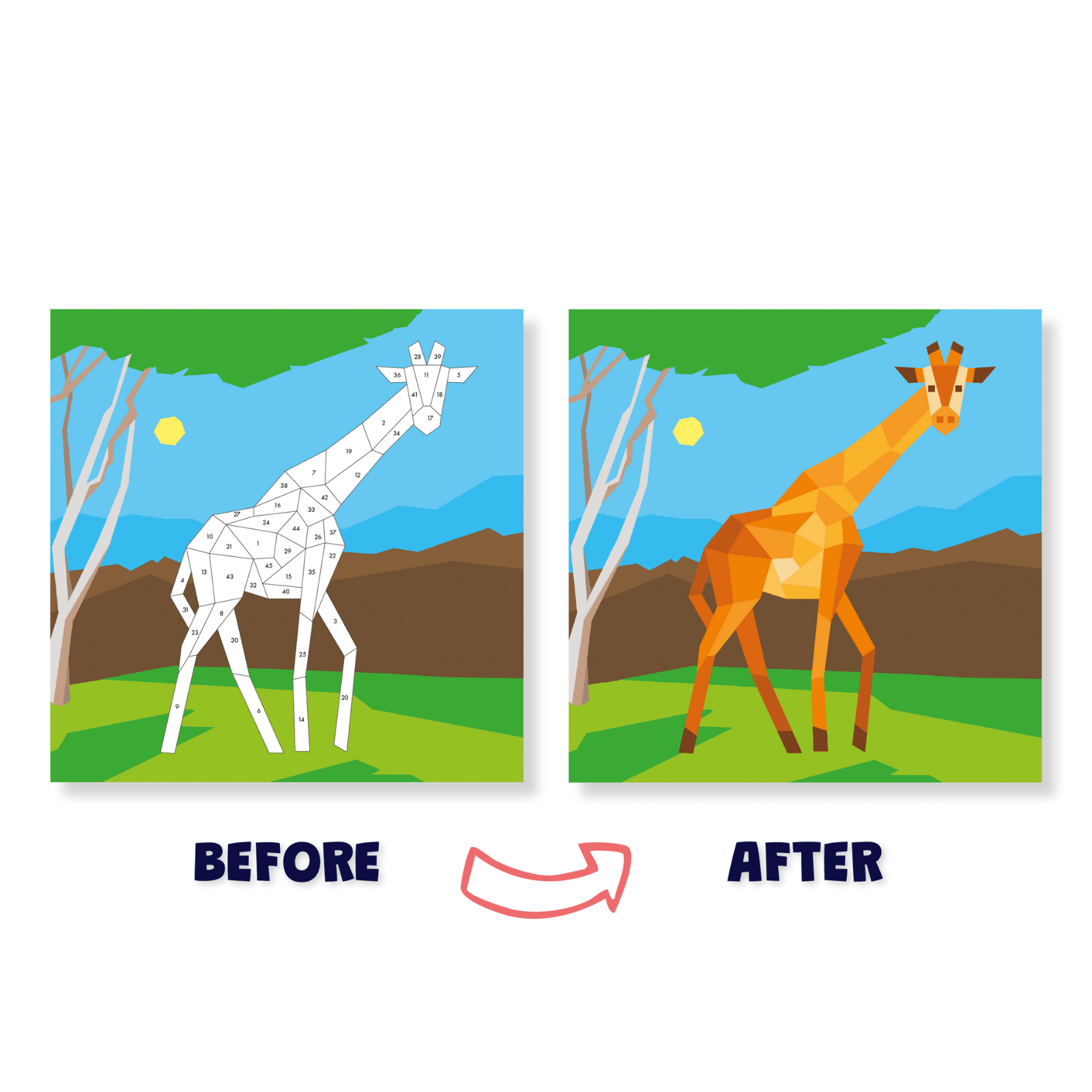 Before and after comparison of a giraffe illustration with geometric simplification.