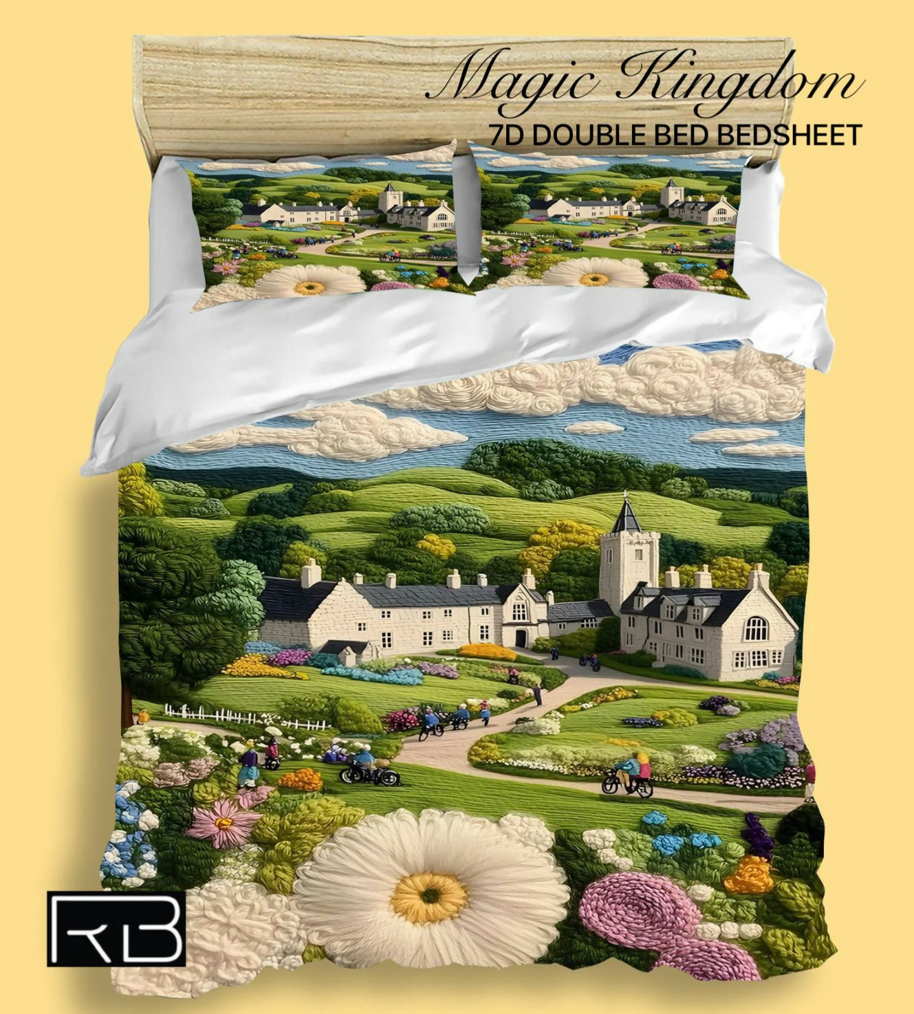 Bed sheets with a scenic design of a castle and garden