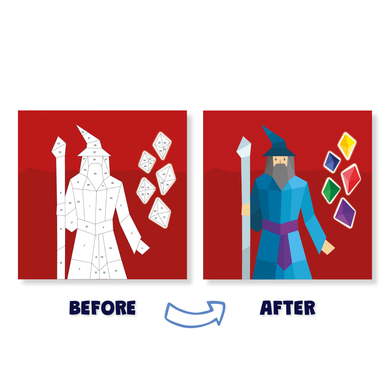Before and after comparison of a wizard illustration on a red background with colorful shapes.