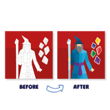Before and after comparison of a wizard illustration on a red background with colorful shapes.
