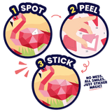 Instructions for applying a flamingo sticker with '1 Spot', '2 Peel', and '3 Stick' steps on a white background.