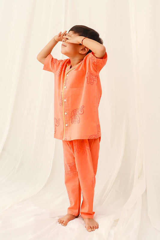 Discover our Salmon Full Night Suit for Boys, crafted from 100% cotton for ultimate comfort and breathability, featuring a charming design perfect for a restful night's sleep.