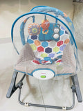 Infantso baby rocker and bouncer with mosquito net, gently used condition with minor issues, includes vibration, music and hanging toys for babies