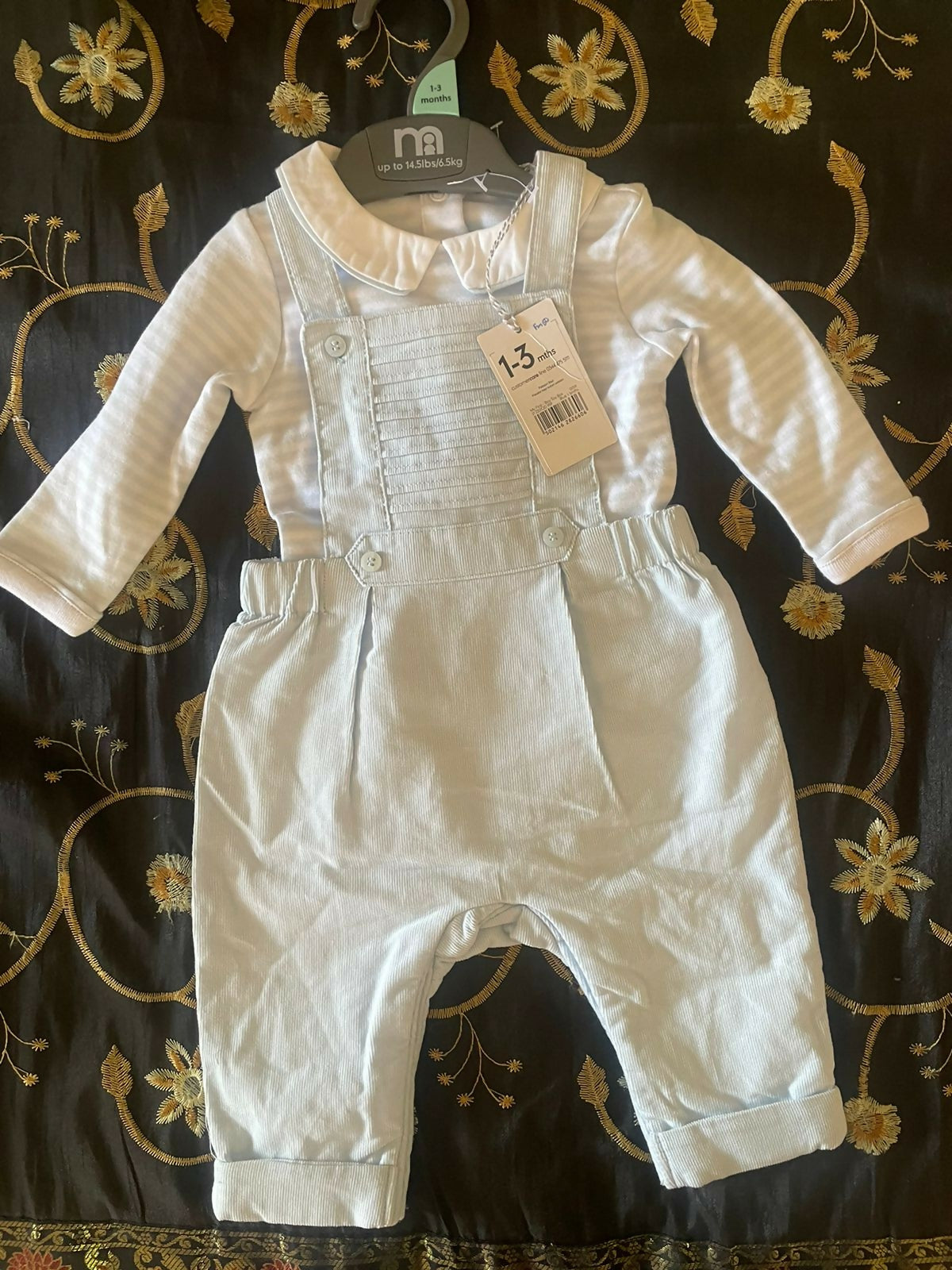 MOTHERCARE Full Sleeves White/Blue stripes Design Dungaree Set -White/Blue (Imported from Europe) - PyaraBaby