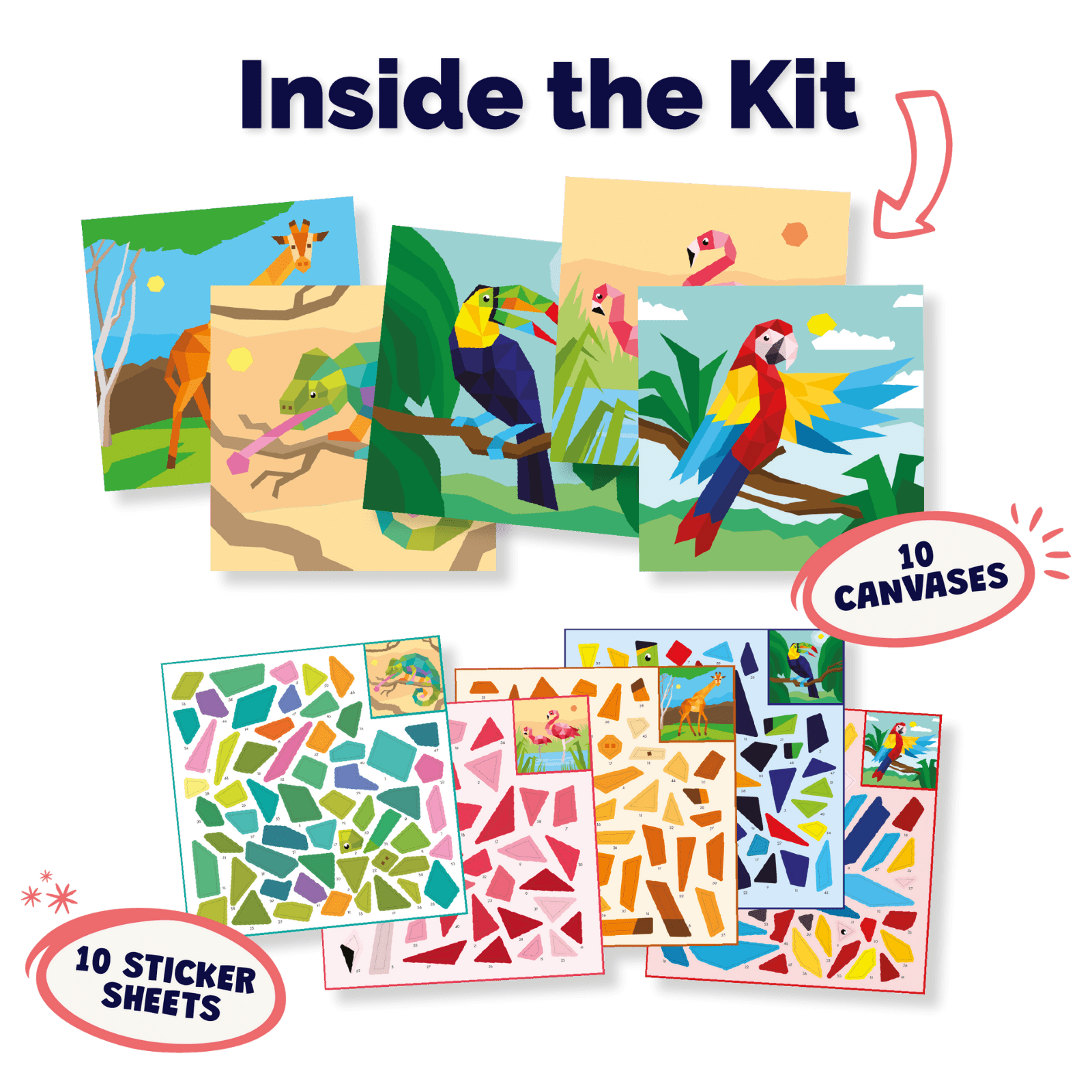 Artistic kit with canvases and sticker sheets featuring animals and geometric patterns.