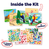 Artistic kit with canvases and sticker sheets featuring animals and geometric patterns.