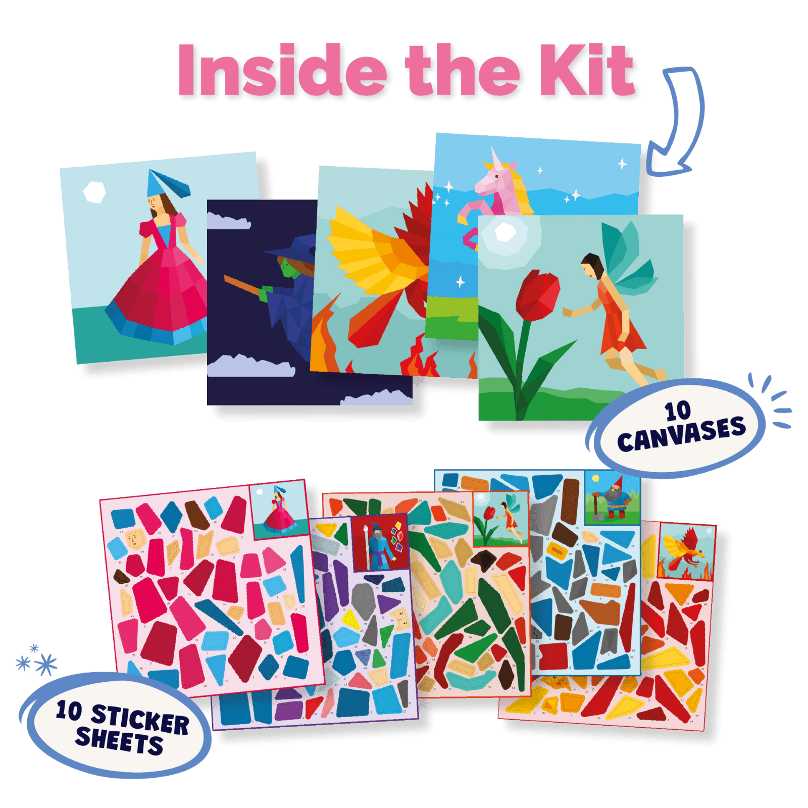 Artistic canvases and sticker sheets with colorful designs on a white background