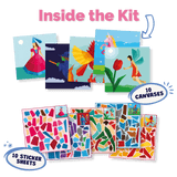 Artistic canvases and sticker sheets with colorful designs on a white background