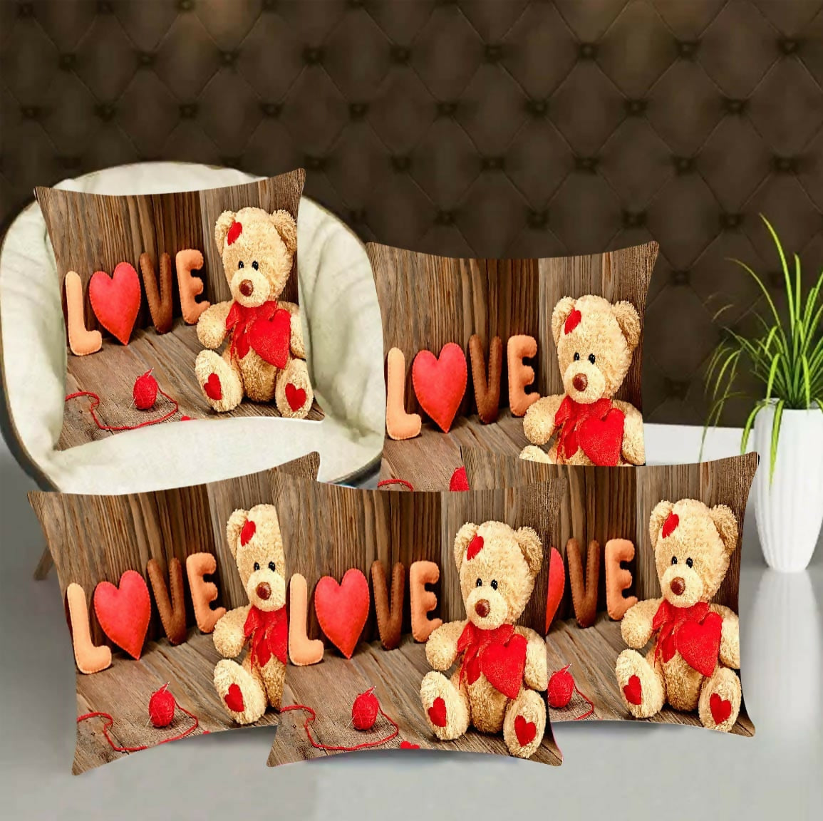 Collage of decorative pillows with teddy bears and 'LOVE' text