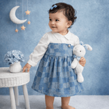 TINY TIGGY Premium Cotton Baby Girl Denim Frock with attached White Shirt