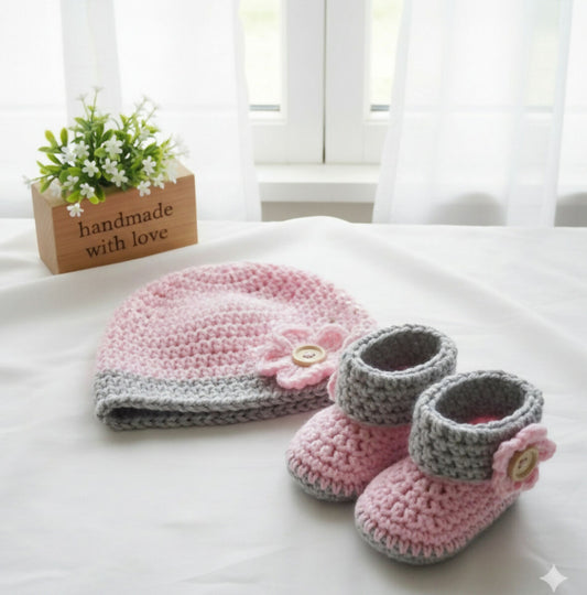Crochet beanie and bootie set