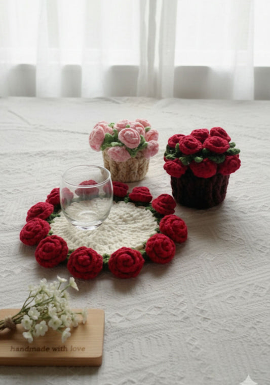 Crochet rose flower coaster with tiny basket