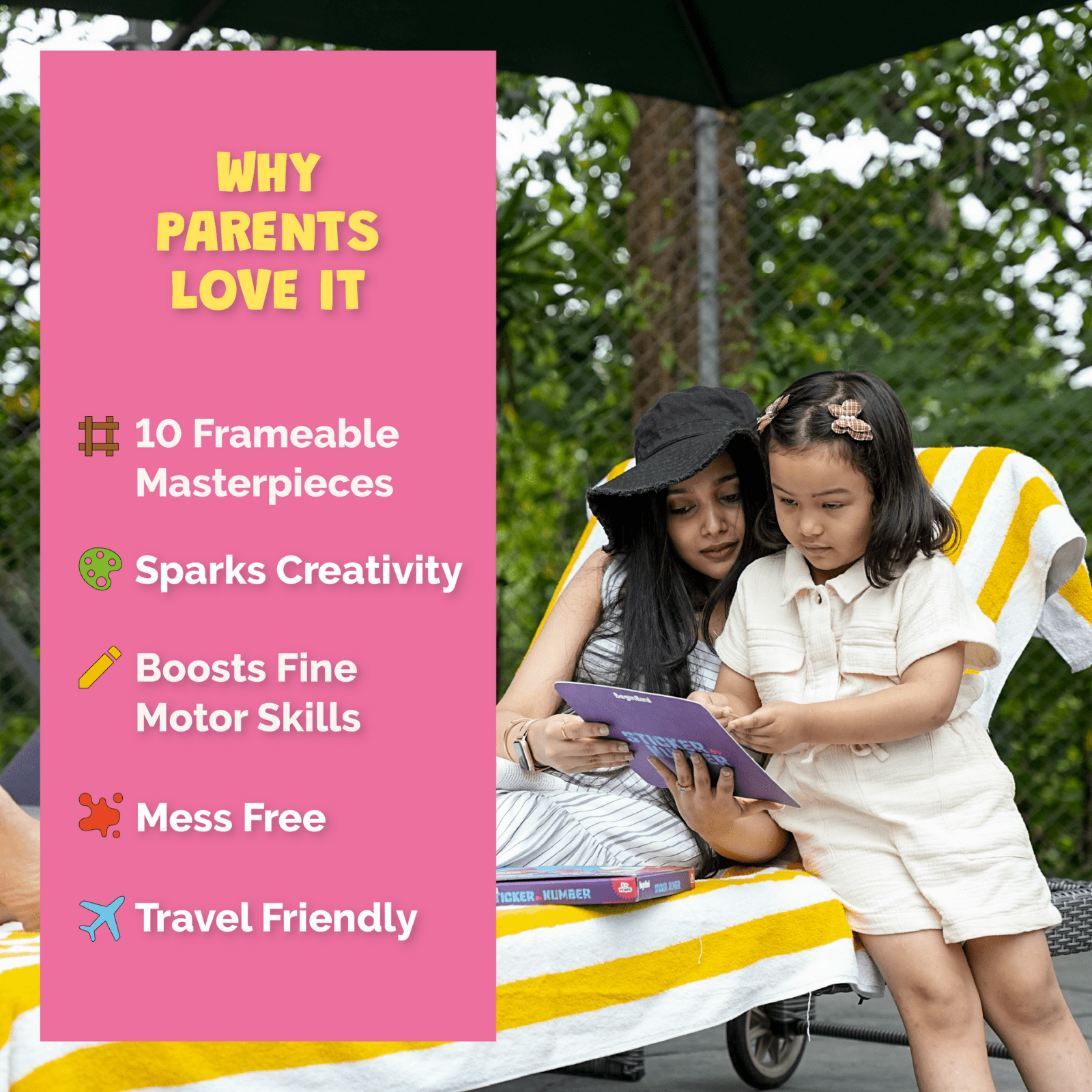 Two children using a tablet under an umbrella with a pink text box on the left.