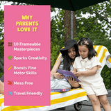 Two children using a tablet under an umbrella with a pink text box on the left.