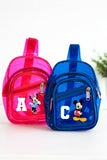 Pink and blue transparent backpacks with cartoon characters on a white background