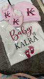 Personalised Romper with Mittens & Cap Set