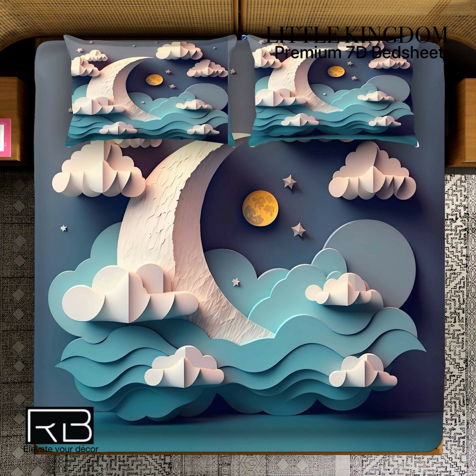 Bedding set with moon and cloud design on a bed