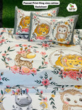 Children's cartoon-themed cotton bedsheet with animals and flowers