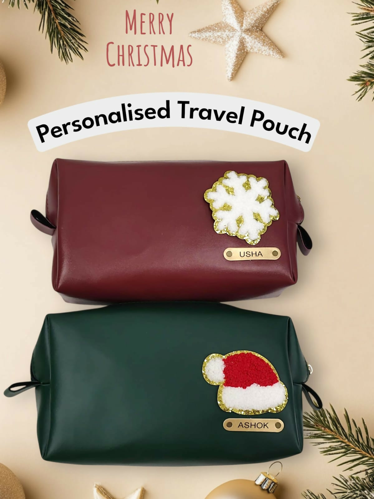 Two personalized travel pouches with festive designs