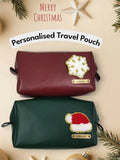 Two personalized travel pouches with festive designs