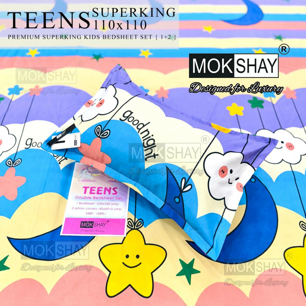 MOKSHAY TEENS Superking kids bedsheet set with cartoon design on a colorful background