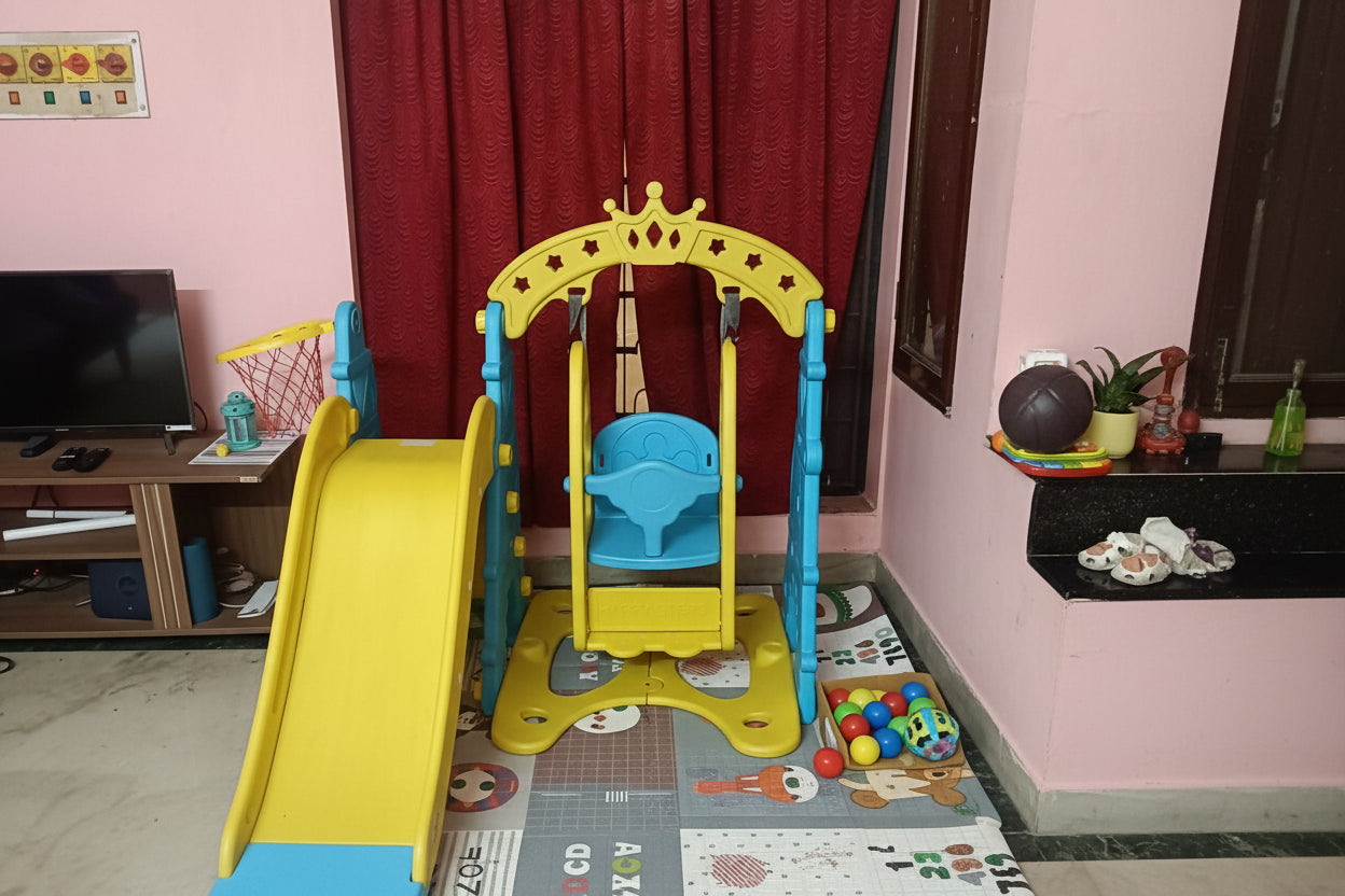 BABYHUG 3 in 1 Swing & Slide Activity Play Set with basketball hoop for indoor and outdoor toddler play.