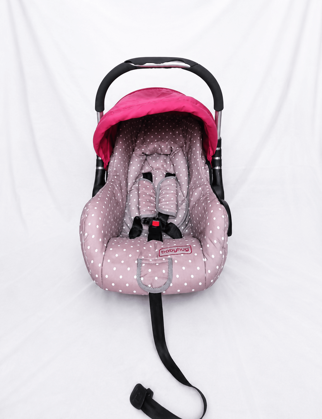 BABYHUG infant car seat carry cot with baby carrier function, rear-facing design, cushioned seat, secure safety harness, and carry handle for newborns and infants up to 13 kg.