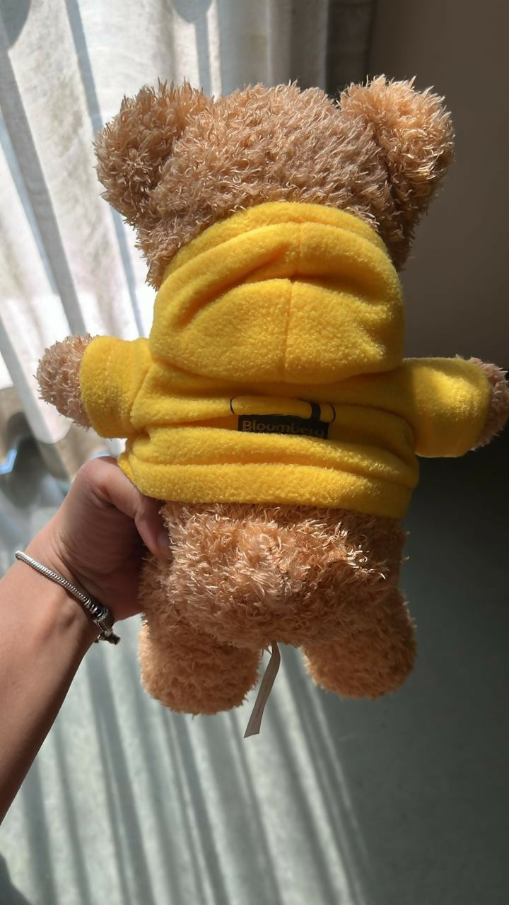 Teddy bear wearing a yellow hoodie held by a hand against a neutral background