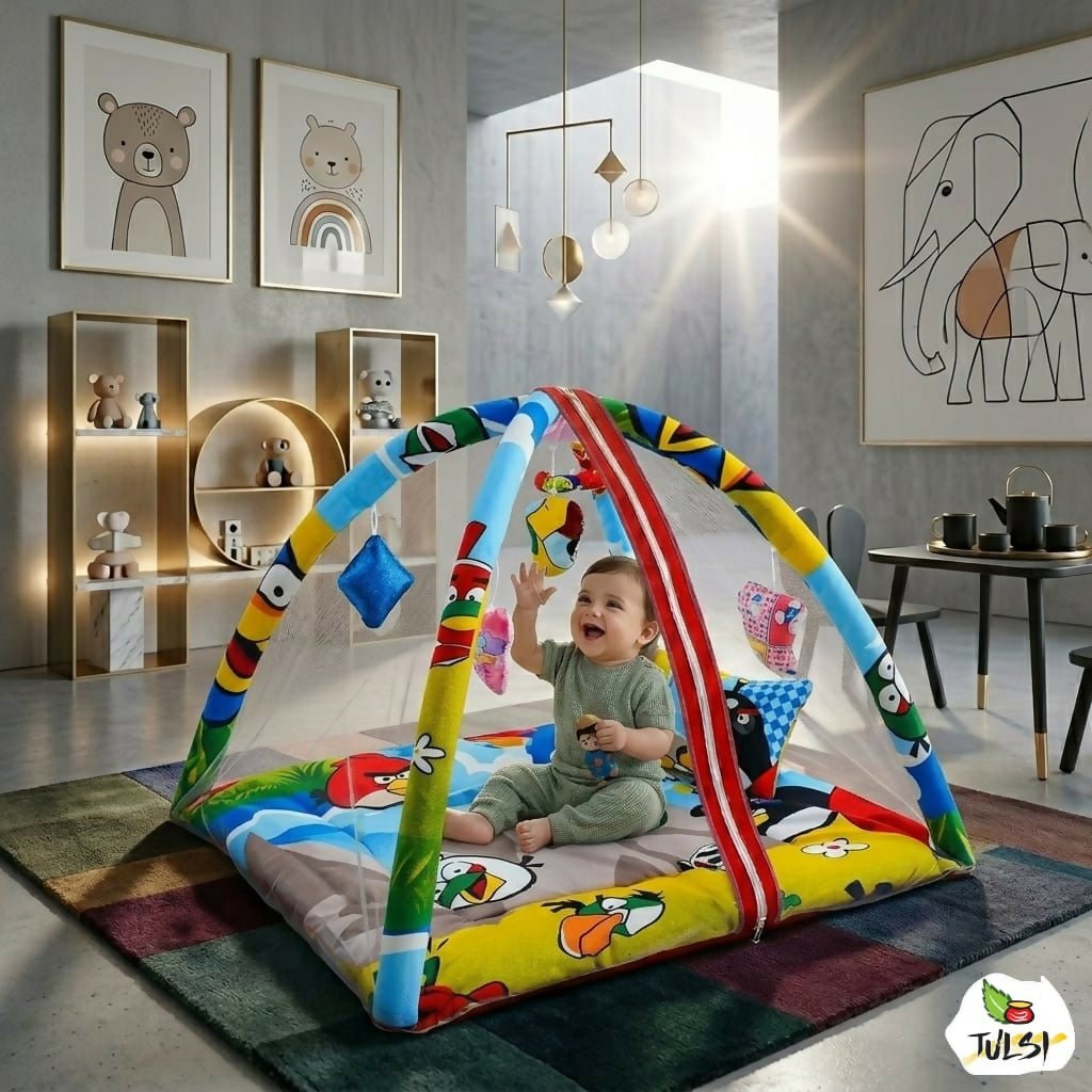 Play gym mattress with mosquito net and bedding set featuring soft cushioned play area, protective mosquito net, comfortable bedding, and cozy space for babies to rest and play.