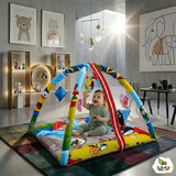 Play gym mattress with mosquito net and bedding set featuring soft cushioned play area, protective mosquito net, comfortable bedding, and cozy space for babies to rest and play.