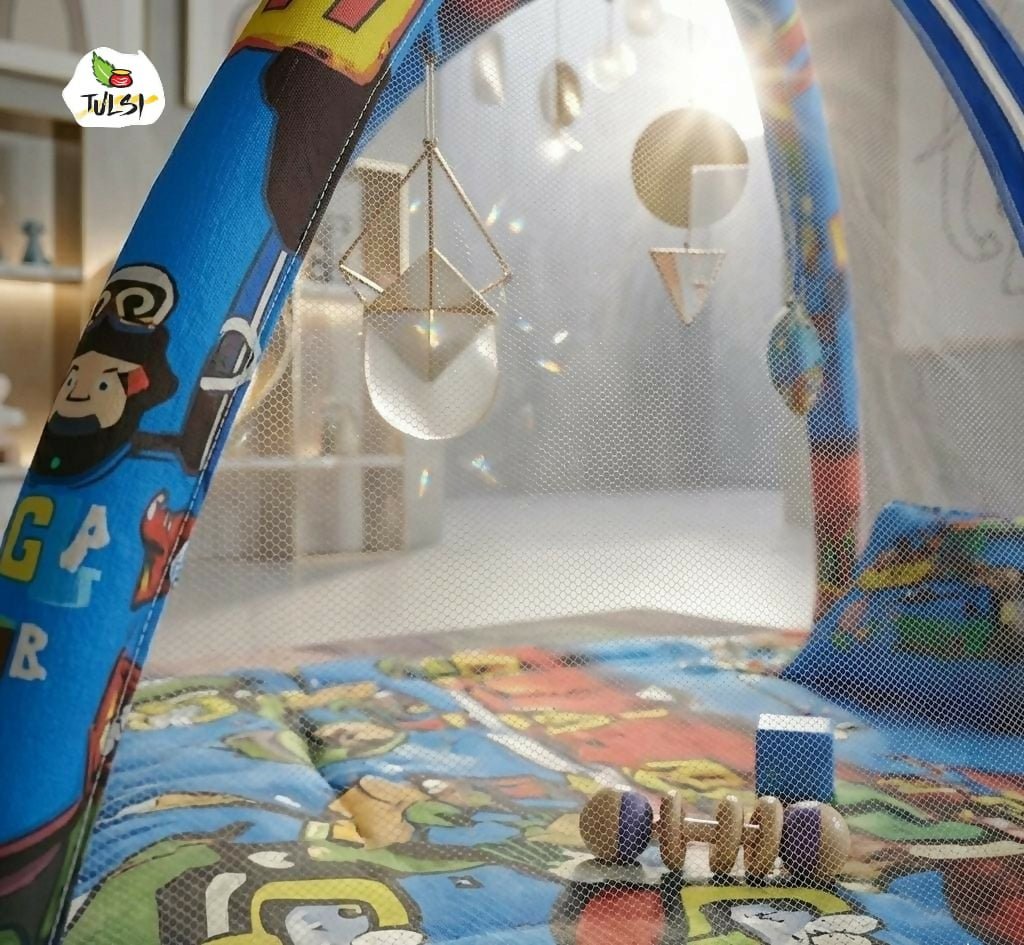 Play gym mattress with mosquito net and bedding set featuring soft cushioned play area, protective mosquito net, comfortable bedding, and cozy space for babies to rest and play.