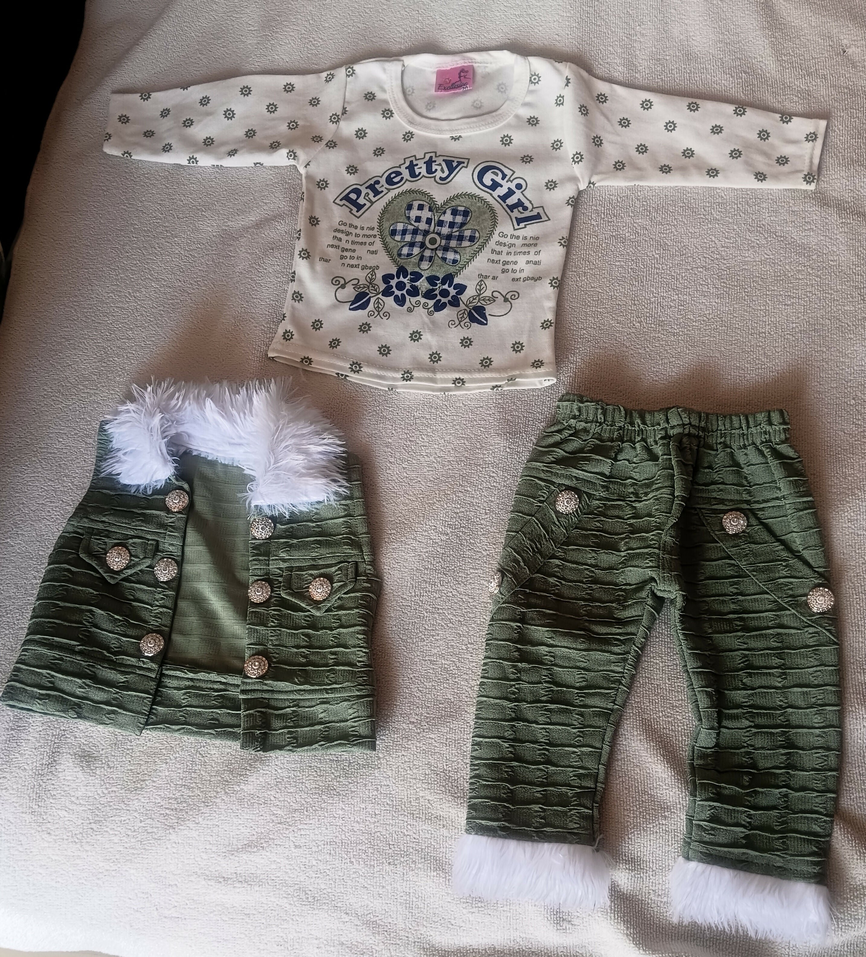 Stylish full-sleeve baby girl clothing set featuring a coordinated shirt and pants with soft, comfortable fabric and a trendy design for everyday wear, outings, and special occasions.