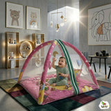 Play gym mattress with mosquito net and bedding set featuring soft cushioned play area, protective mosquito net, comfortable bedding, and cozy space for babies to rest and play.