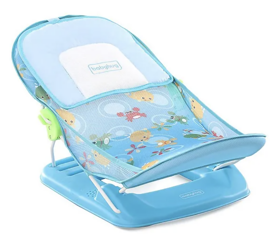 Babyhug Bubble Joy baby bather aquatic print in blue with ergonomic design, comfortable support, soft fabric, and secure reclining seat for baby bath time comfort.