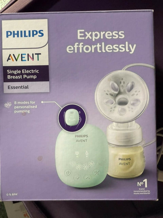 Philips Avent single electric breast pump packaging on a purple background