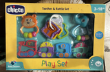 CHICCO teether and rattle play set with 4 pieces featuring baby-safe materials, textured teethers, colorful rattles, and engaging toys for teething relief and sensory development.
