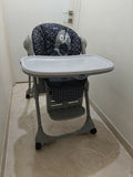 Chicco Polly Easy highchair with adjustable seating, feeding tray, secure safety harness, sturdy frame, and comfortable support for babies and toddlers during mealtimes.