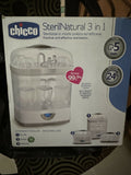 Chicco baby bottle sterilizer with steam sterilization, spacious capacity, easy operation, and hygienic cleaning for feeding bottles, nipples, pacifiers, and baby accessories.