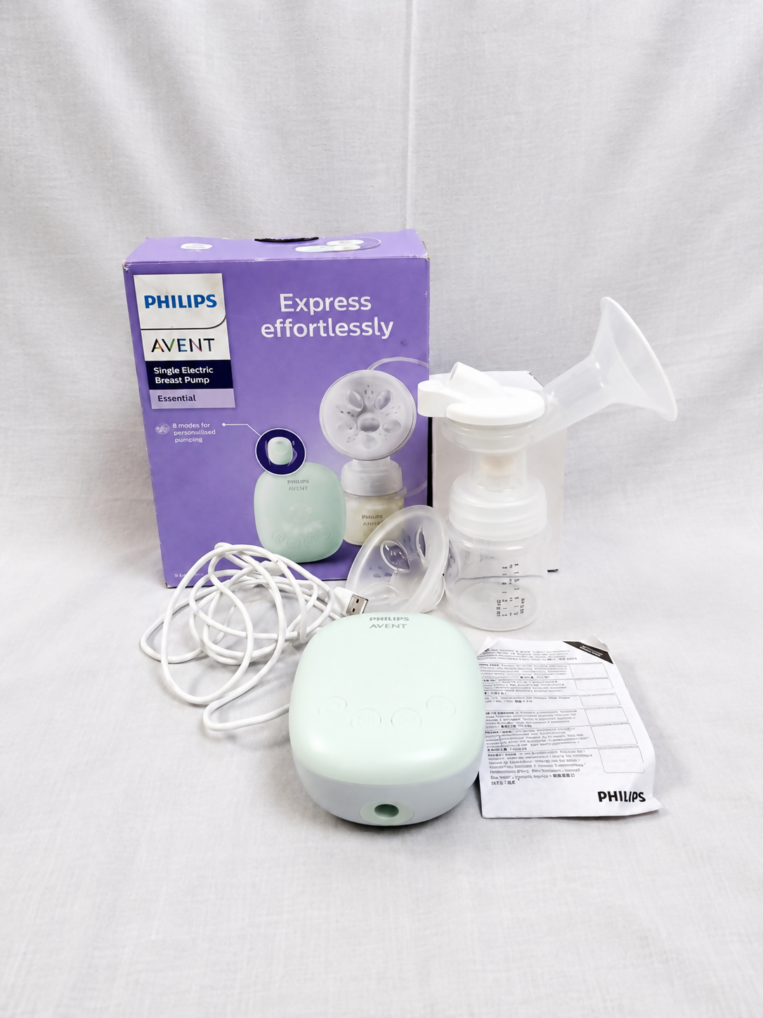 Philips Avent SCF395/11 Single Electric Breast Pump wiath USB power, BPA-free components, adjustable suction settings, soft silicone cushion, and compact design. Brand new and factory sealed.