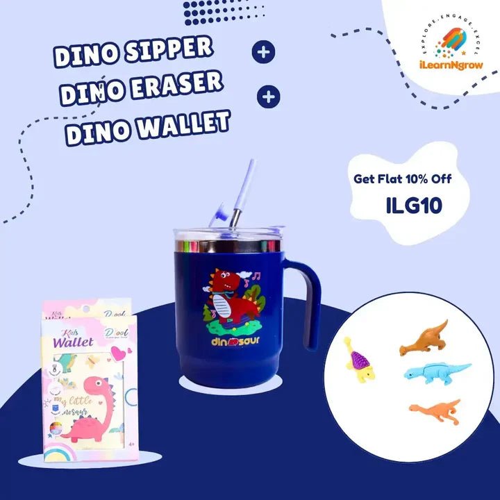 I LEARNNGROW Dino Sipper + Dino Eraser + Dino Wallet