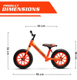 Orange balance bike with dimensions labeled on a white background