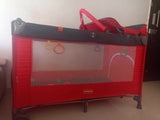 Babyhug playpen with mosquito net, helper rings, cot mobile and diaper changing table, foldable and travel-friendly, used for 7 months