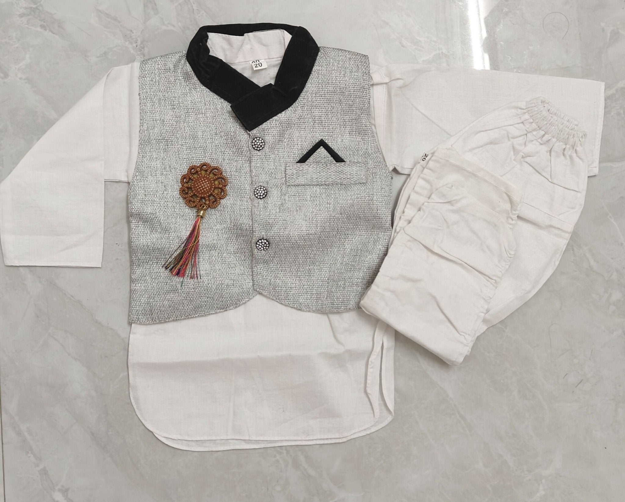 Cotton Black and White Indian Suit with Nehru Jacket