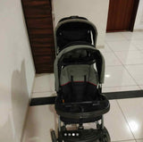 Sit & Stand Twin Baby Stroller with dual seating arrangement, sit-and-stand configuration, comfortable seats, safety harnesses, protective canopy, smooth wheels, and convenient storage for travelling with two children.