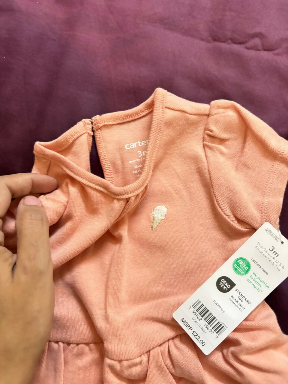 CARTER’S baby girl 2-piece set – peach cotton bodysuit with ice cream print leggings.